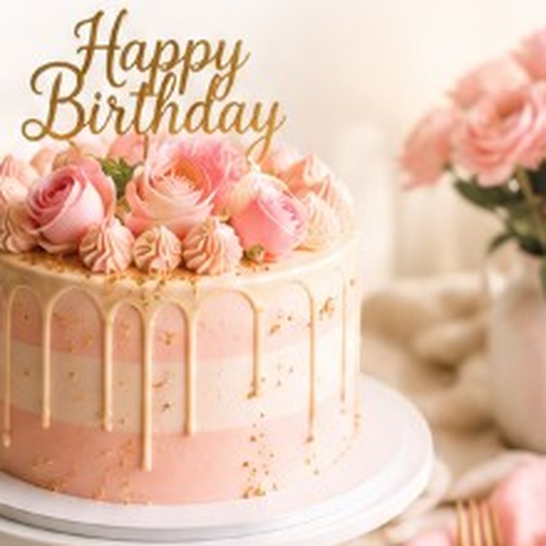 Pink ombré birthday cake with roses and gold Happy Birthday topper